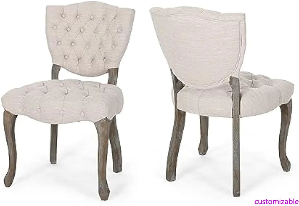 Great Deal Furniture Case Tufted Dining Chair with Cabriole Legs (Set of 2), Beige and Brown WashFinish
