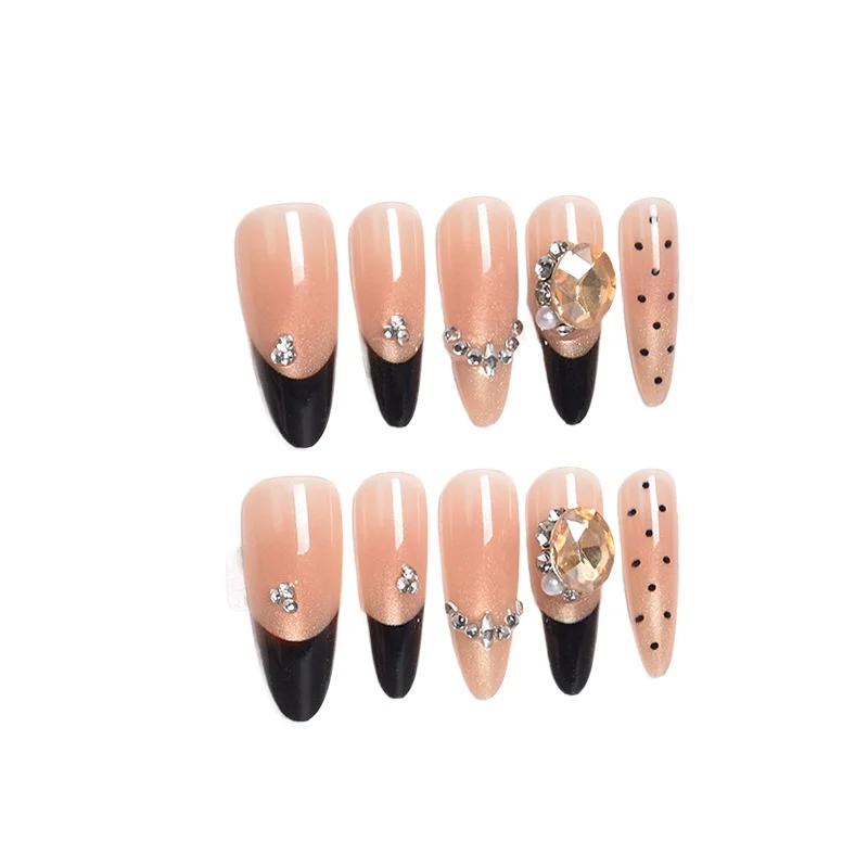 

Black French cat's eye wearing nail piece Long almond hand-pasted diamond wearing nail removable high sense