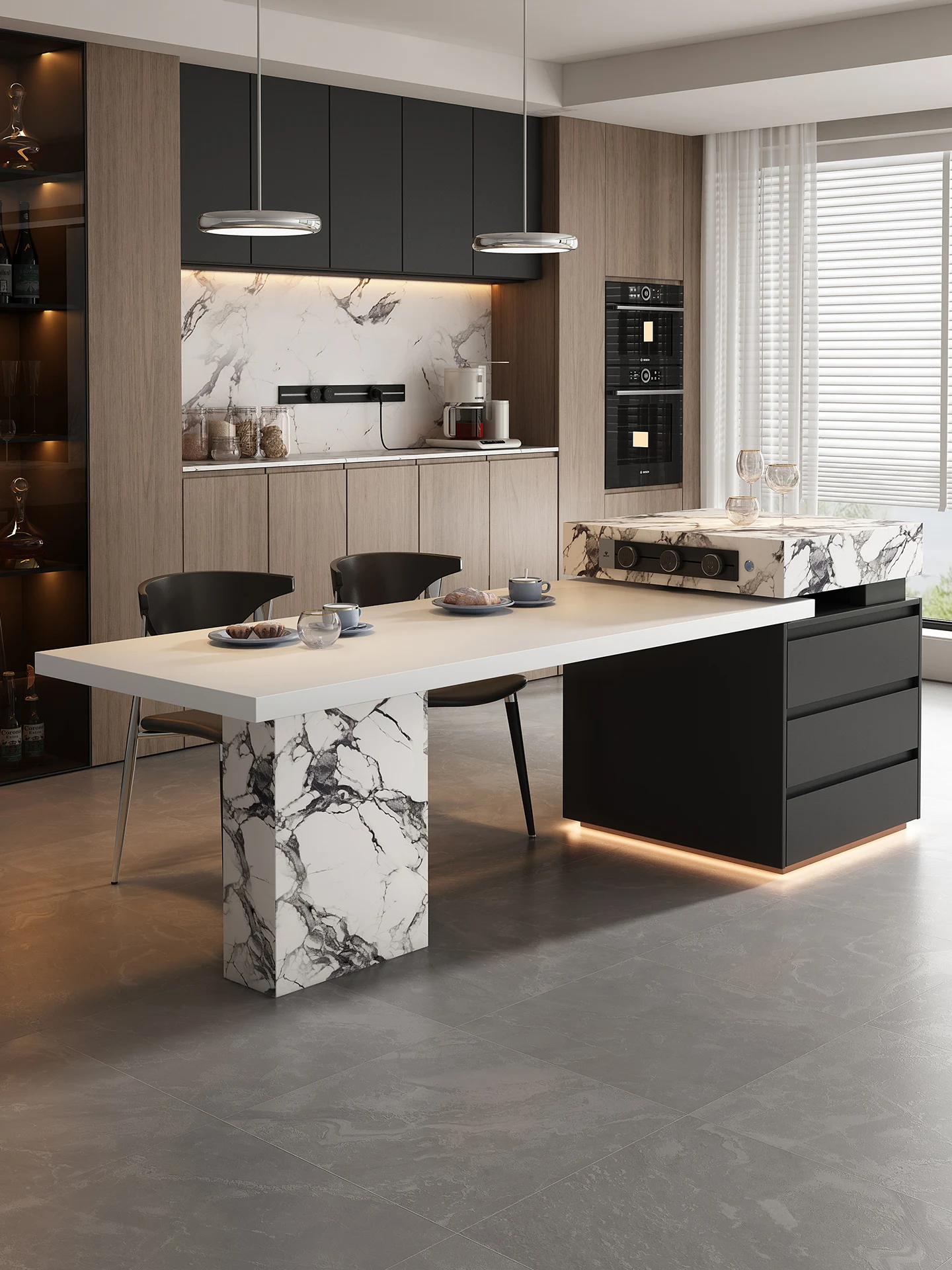 

Retro island dining table integrated retractable large open kitchen rock slab island