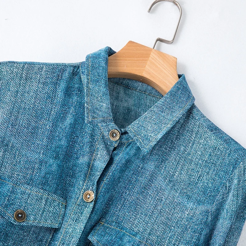 Light Luxury and Age Reducing 100%Natural Mulberry Silk Shirt Style Temperament Slim Fit Denim Shirt Double Pocket Women\'s Dress