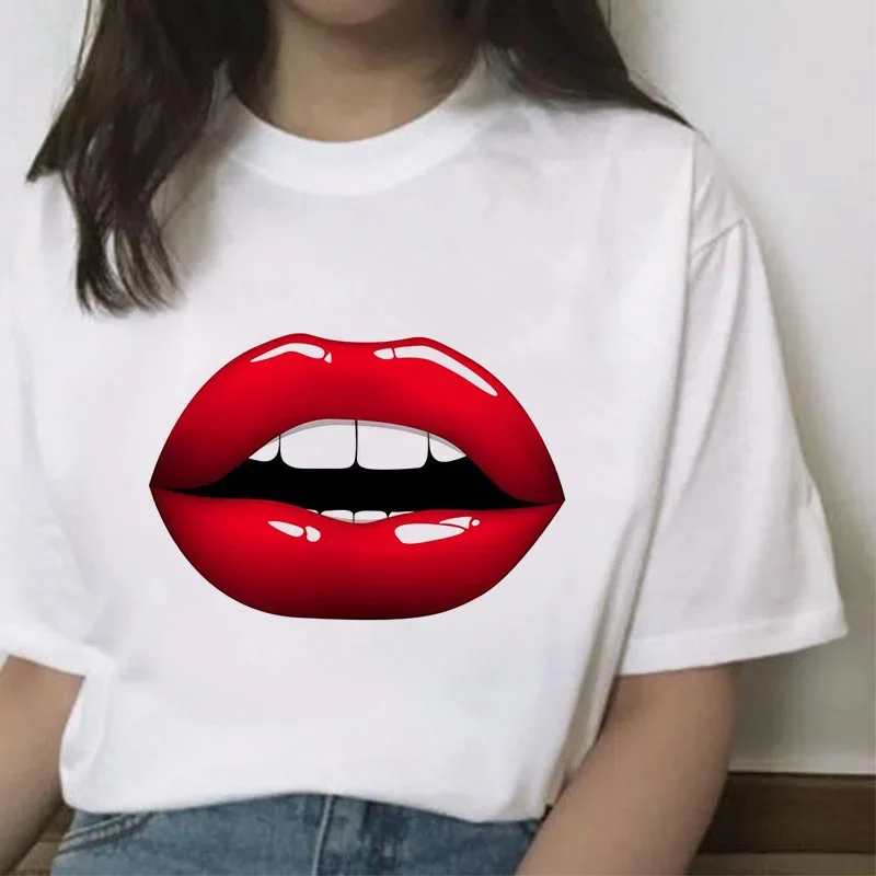 Women T Shirt 2024 Fashion Mouth Lip Kiss Printed Ladies Tee Tops Summer Funny Graphic Harajuku Summer Clothes for Women