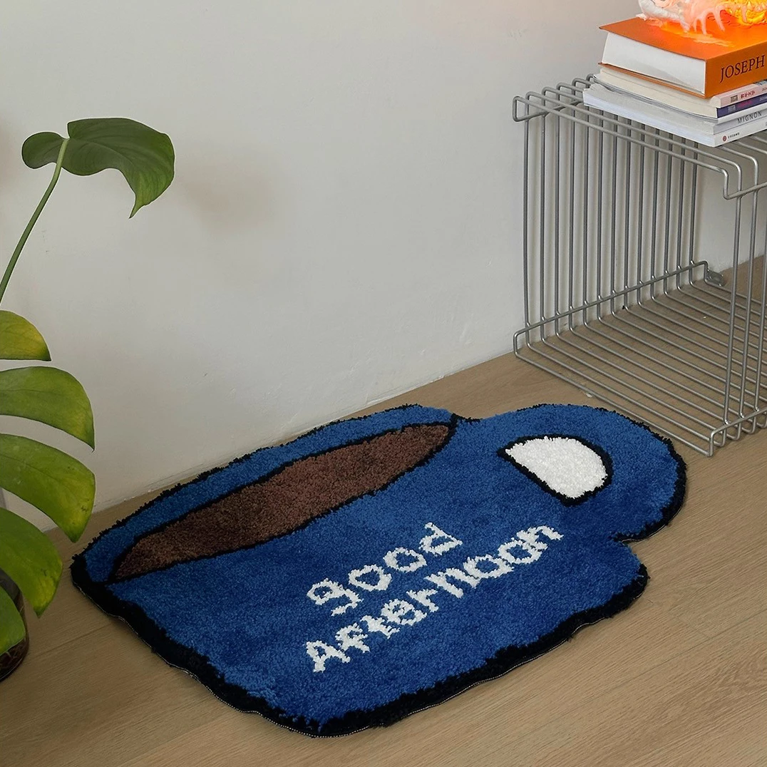 Cute Tufting Blue Cup Bathroom Mat Soft Tufted Letters Bedroom Carpet Bedside Rug Floor Anti Slip Foot Pad Aesthetic Home Decor