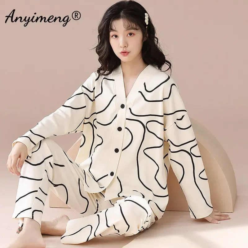 Winter Autumn Faux Cotton Elegant Lady Women Pajama Sets Girls Nightdress Leisure Loungewear Pajamas Woman Fashion Sleepewear