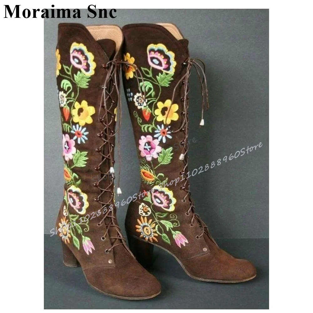 

Trendy Knee High Coffee Flock Floral Boots Thick Heel Shoes For Women Cross Tied Round Toe 2025 Fashionable Zapatos Para Mujere