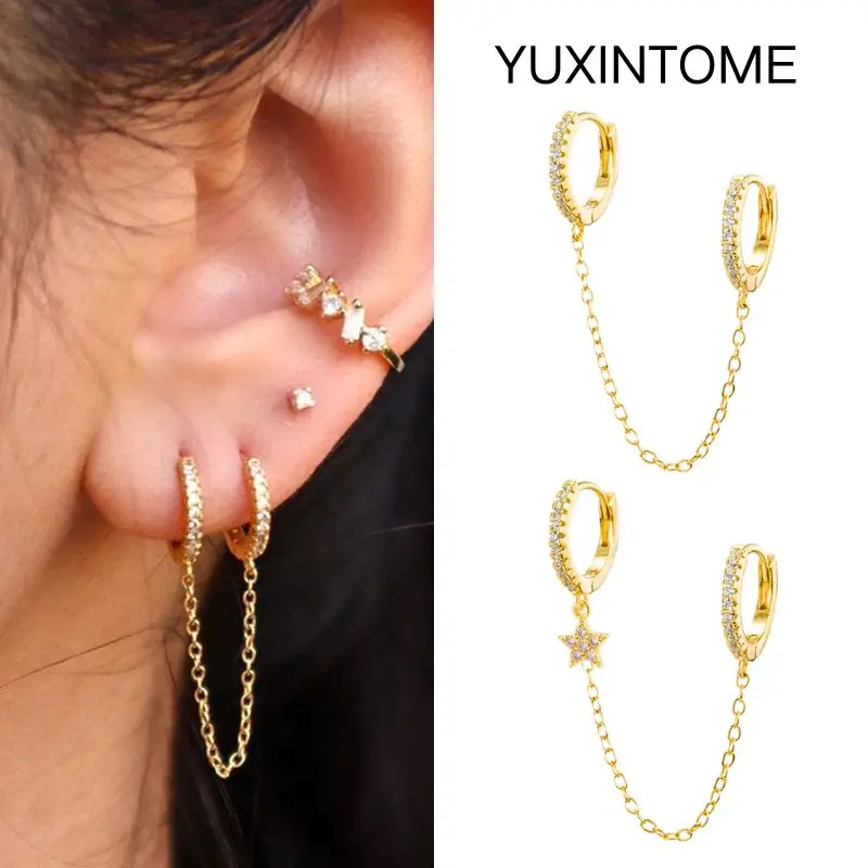 

1PC 925 Sterling Silver Needle White Zircon Double Circle Chain Tassel Hoop Earrings for Women Ins Star Earring Luxury Jewelry