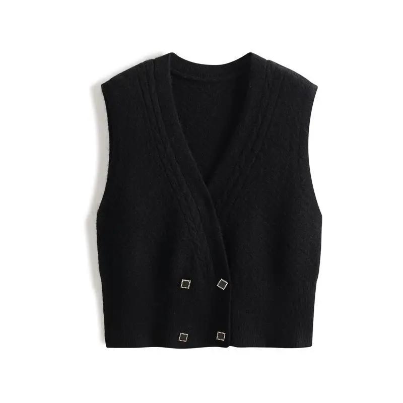 French Retro Knitted Sweater Vest Women\'s Double Breasted Design Sleeveless Sweater Jacket Slimming and Versatile Top