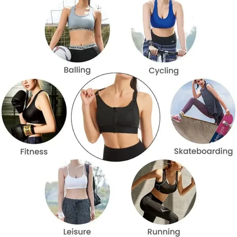 Sujetador deportivo de apoyo inalámbrico para mujer, sujetadores de ejercicio que rebotan para Yoga, diseño de cremallera frontal, soporte trasero, Bralette de realce