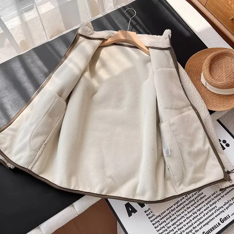 Classique retour ex col montant coupe-vent chaud Fce fourrure d'agneau Jaet manteau décontracté coupe ample universel longue fermeture éclair