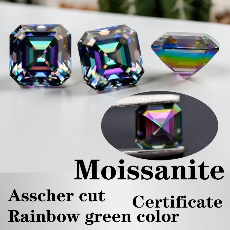 

Moissanite Asscher Cut Rainbow Green Color Certificate Synthetic Gemstone VVS1 Unnatural