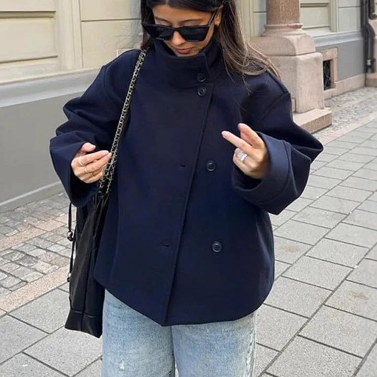 

2025 Spring Single Breasted Loose Female Long Sleeve Jacket Office Lady Street Short Coat Stand Collar Women Winter Woolen Coats