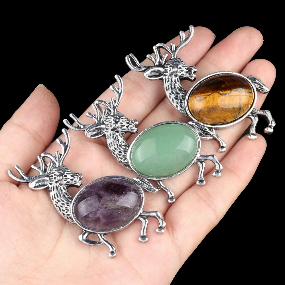 Natural Stone Inlaided Vintage Deer Animal Statue Oval Shape Healing Crystals Amethyst Quartz Shell Home Decor Hanging Ornament