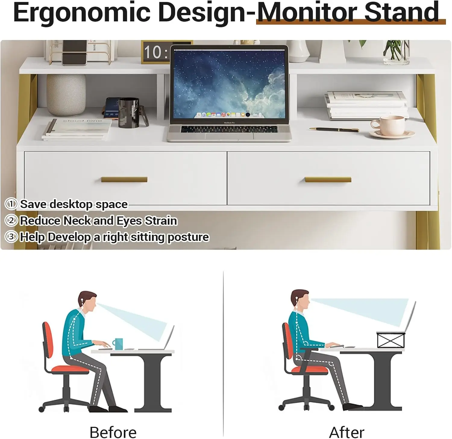 Tiptipper-Mesa do computador com gavetas, Estudo Escrita Mesa, Mesa de Escrita, Modern Home Office Desk com prateleira de armazenamento e Monitor Stand, 41 polegadas