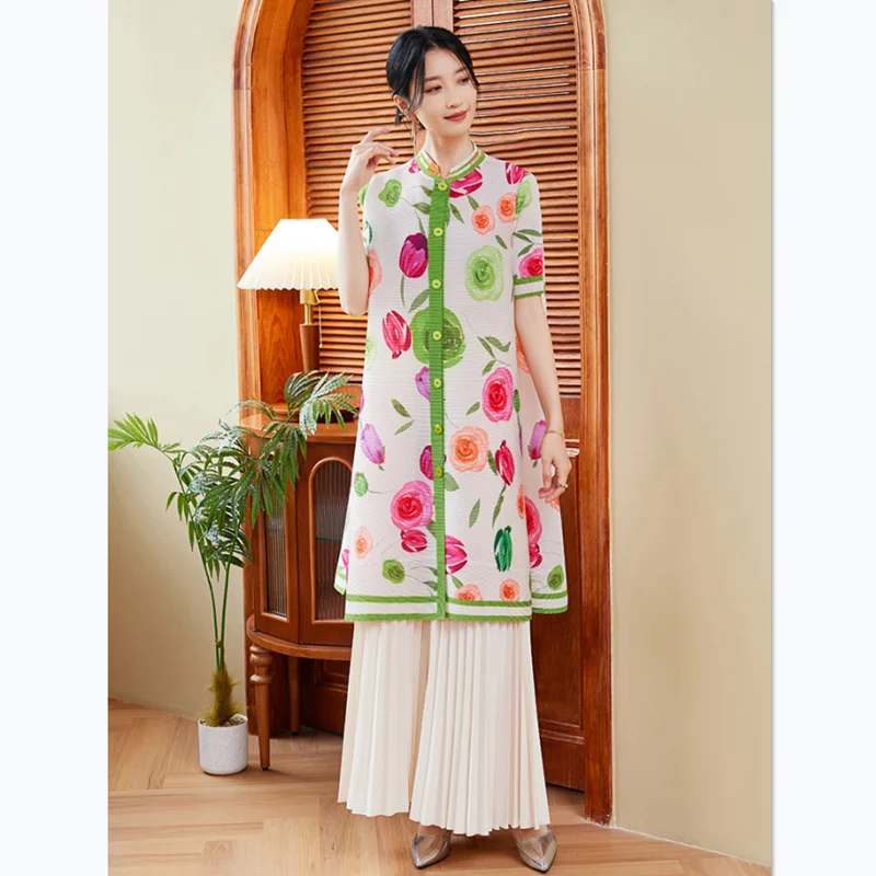 Summer Dress Women 2024 New Fashion Floral Printed Short Sleeved Stretch Miyake Pleated Loose Shirt Dresses