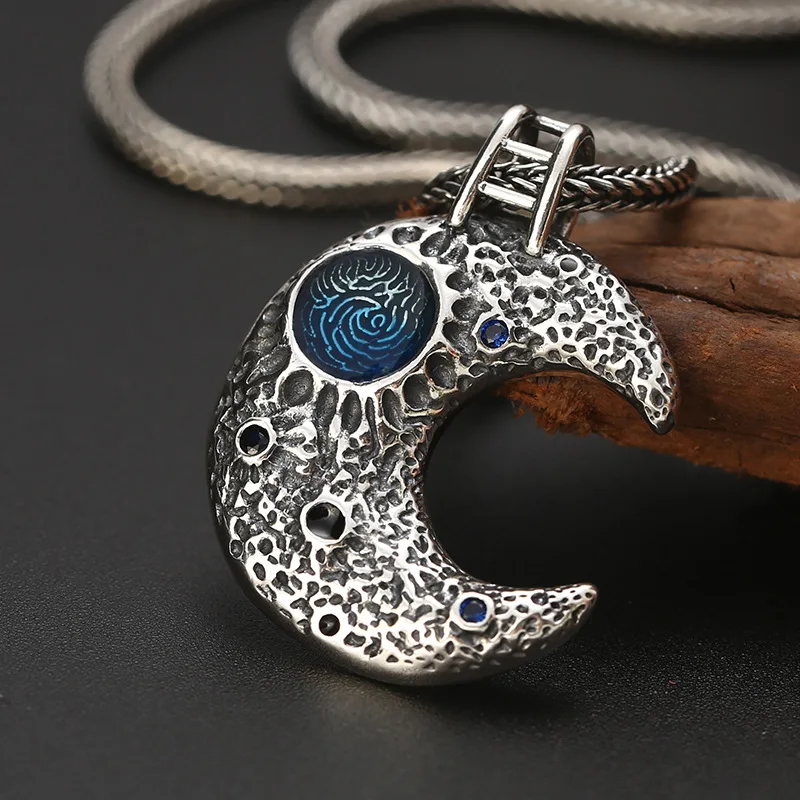 S925 Sterling Silver Moon Pendant Black Color Old Process Tree Unisex Fine Jewelry FYNE419