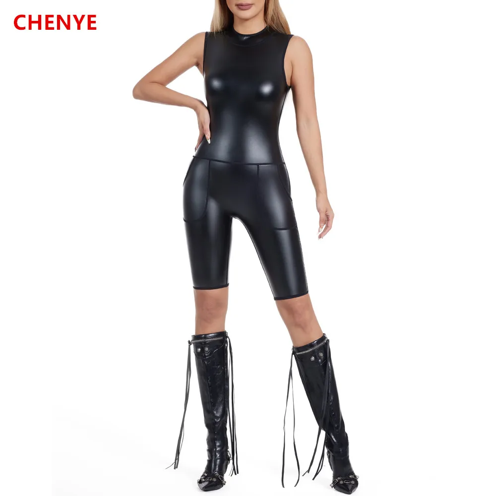 Women Leather Bodysuits Short Romper Jumpsuit Leotard Tank Tops Body Shapers Metallic Back Zip BlouseLady Shapewear with Pockets