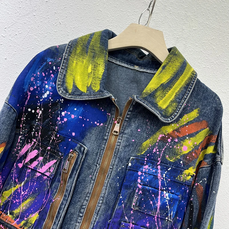 [zoci] 2024 New Fashionable Hand-painted Graffiti Workwear Denim Top Loose Short Jacket