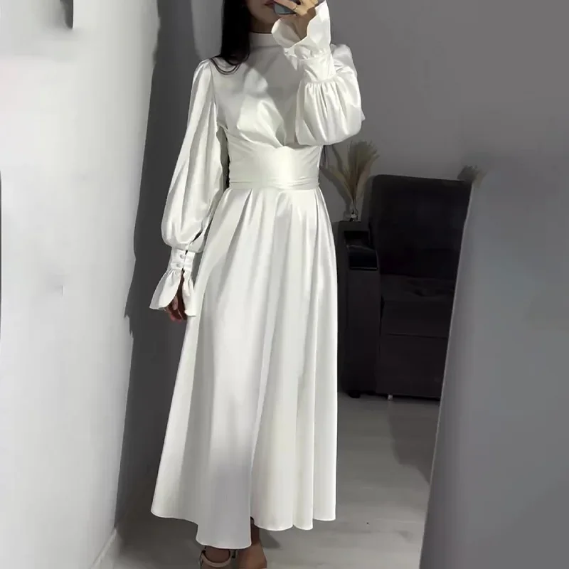 Lotus Sleeve Dress for Women Casual Slim-fit Dress with Belted Waist Abaya Dubai Luxury Turkey Islam Muslim Dress Women Kaftan