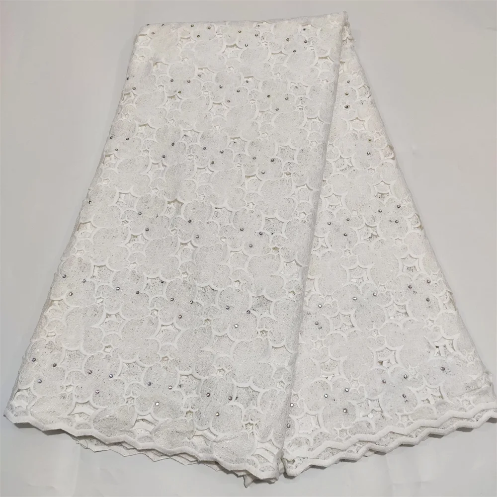 White Latest French African Swiss Lace Fabric Soft Nigerian Guipure Cord Milk Silk Lace Fabric With Stones For Wedding Dress