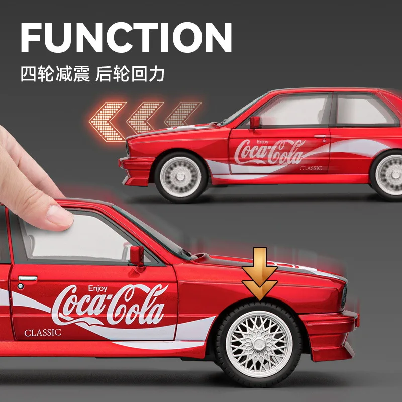 1: 24 Zabawkowy model samochodu ze stopu BMW M3, dźwięk i światło otwierania drzwi, zawieszenie odbijające, klakson, zabawka dla dzieci