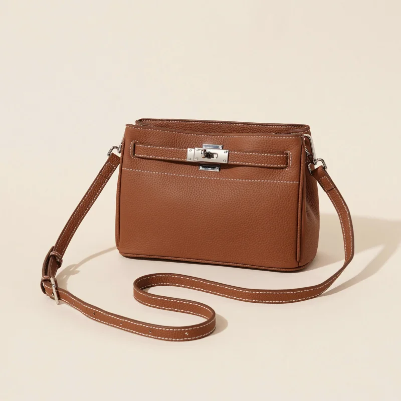 

First Layer Cowhide High End New Style Kelly Bag With Vintage Lock Buckle Shoulder Bag Genuine Leather Handbag Crossbody Bag