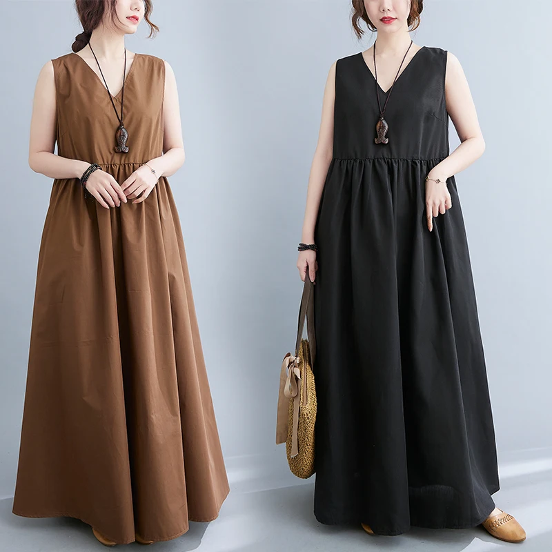 2024 Summer New Loose Sleeveless V-neck Big Swing Vest Women's Long Maxi Dress Boho Streetwear