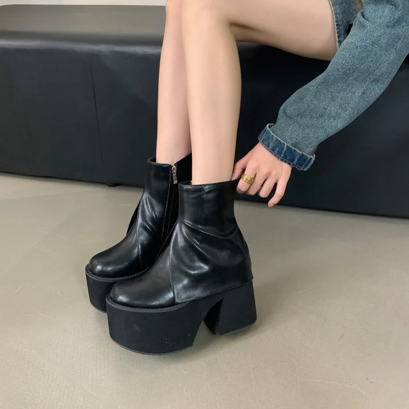 Black Ankle Boots For Women Platforms Chunky Shoes 11cm Heeled Patent Leather  High Heel Boots Fall Punk Botas De Mujer