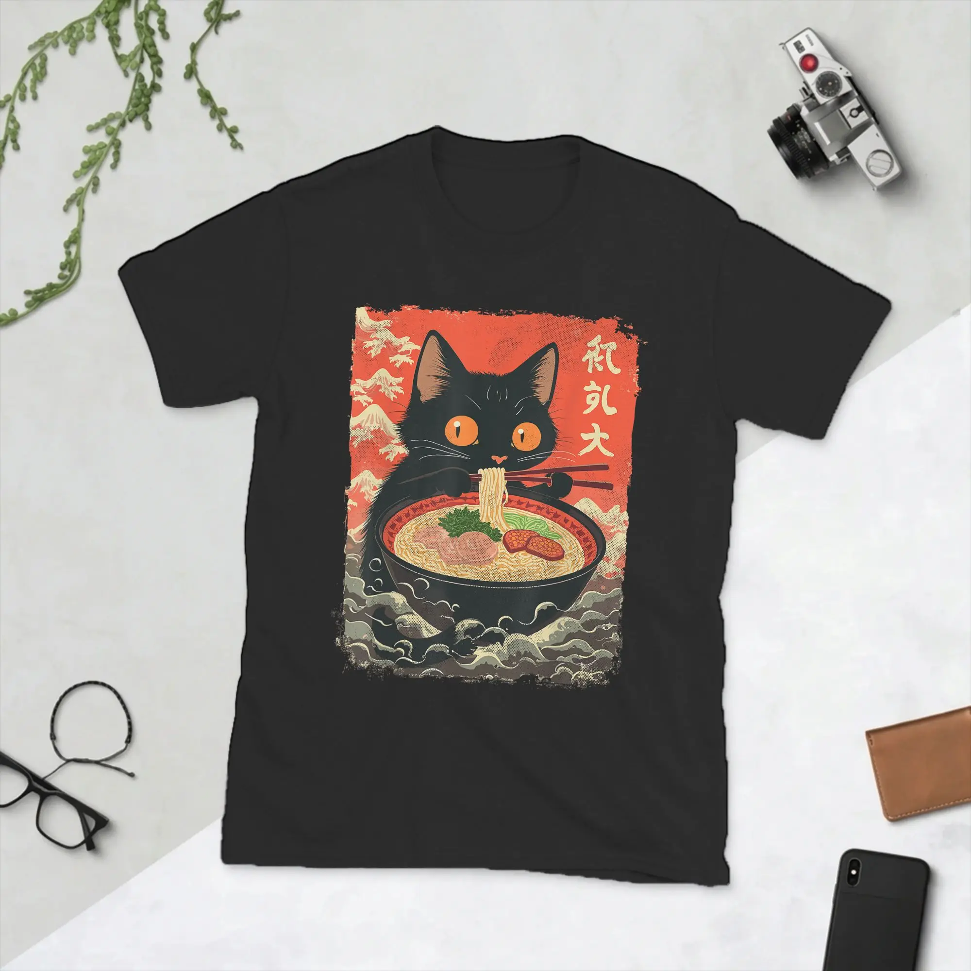 Men's T-Shirts Japanese Black Cat Ramen Creative Pure Cotton Tee Shirt Short Sleeve Kawaii Noodle Cat T Shirt O Neck Tops