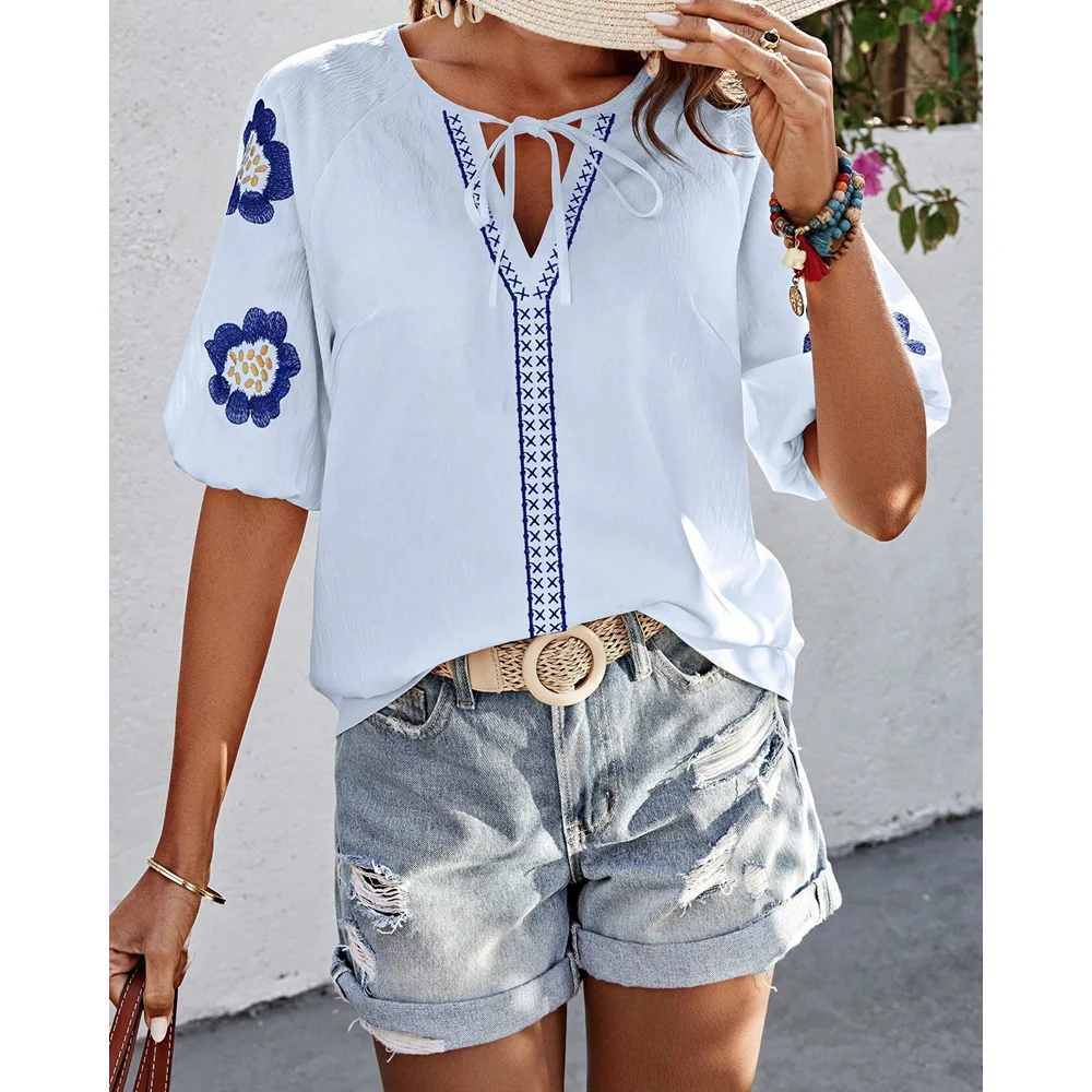 Women Embroidery Floral Lace Up V-neck Casual Short Sleeve Blouse Female Summer Loose Top Streetwear Clothing