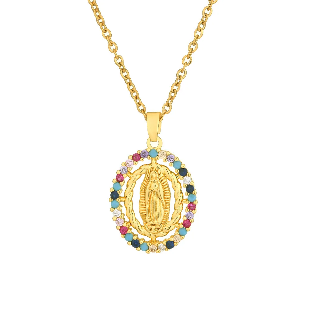 Halskette mit dem Motiv der Jungfrau Maria für Damen, bunter Zirkon-Anhänger, goldfarbene Kette, modischer Schmuck für Frauen, geeignet für Gebete und Partys. – Detail 6