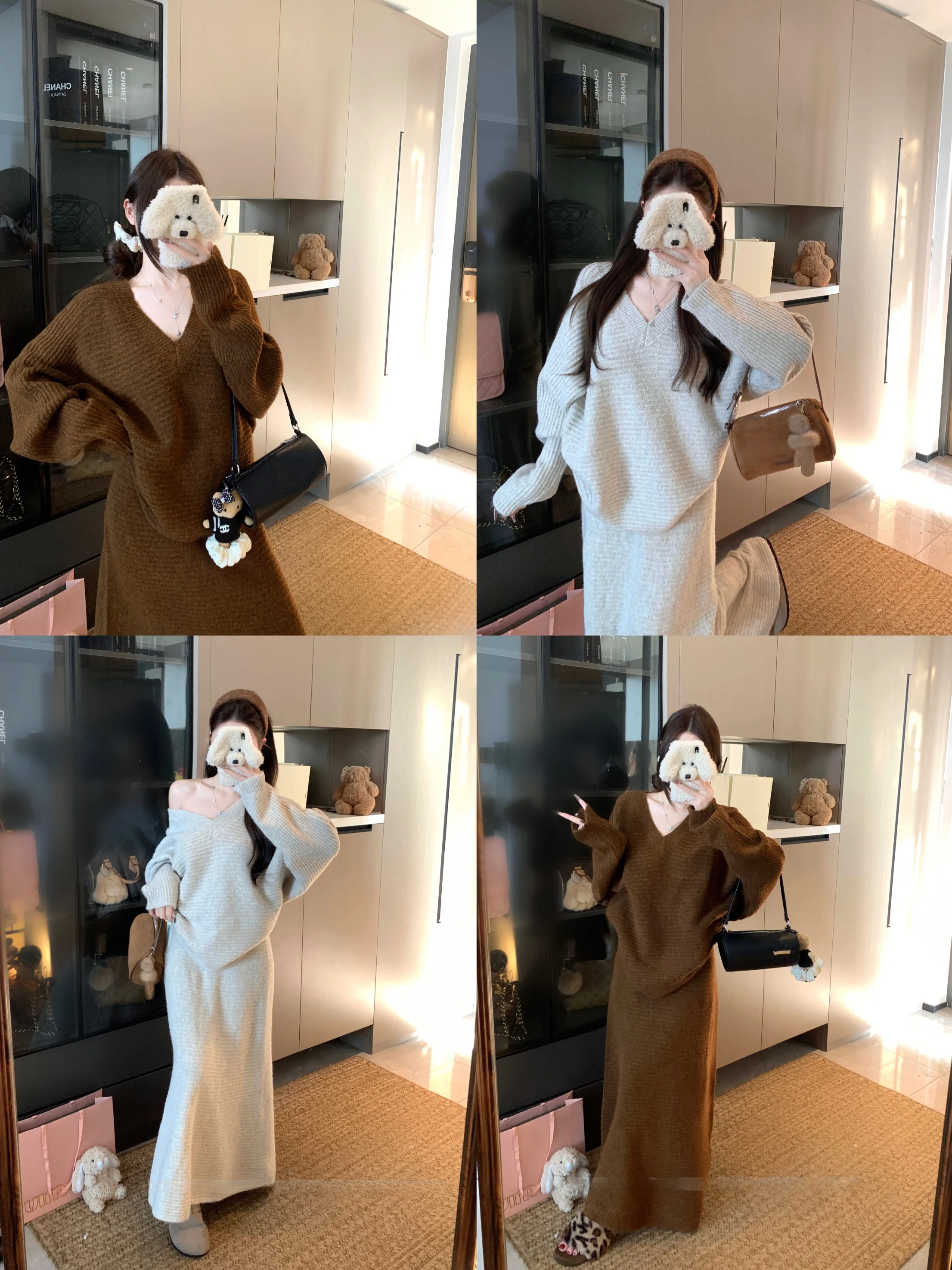 

Kumikumi Gentle Wind Oats Long Sleeve Knitted Sweater Women High Waist Vest Two-Piece Set Casual Winter Fashion Ensemble