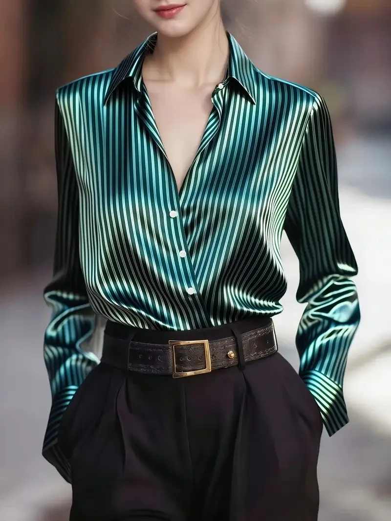 Casual Shirt Striped Autumn Winter Loose Temperament Elegant Commuter Style Clothing Long-sleeved Lapel Single-breasted Tops