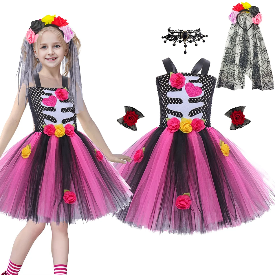 

Платье невесты с призраком на Хэллоуин, роскошное пышное платье для девочек, детское фатиновое платье-пачка с цветочной аппликацией, детские комплекты одежды принцессы ручной работы