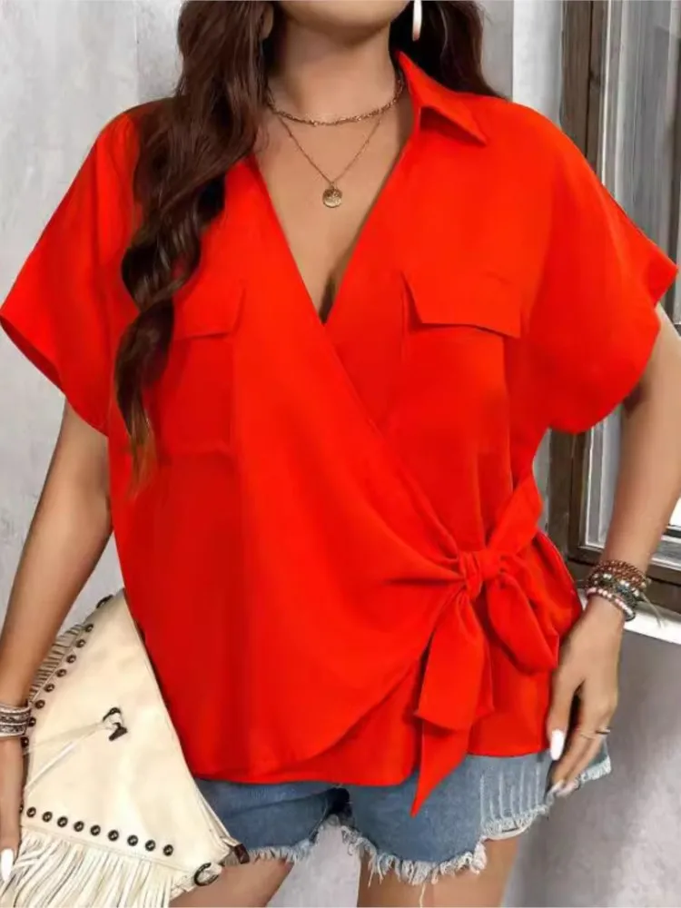 Plus Size Summer V-Neck Tops Women Irregular Bow Fashion Irregular Loose Pleated Ladies Blouses Short Sleeve Casual Woman Tops