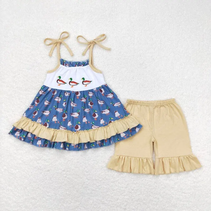 

X12.13 GSSO0697 Western-style baby girl embroidered duck light brown lace blue suspender shorts set