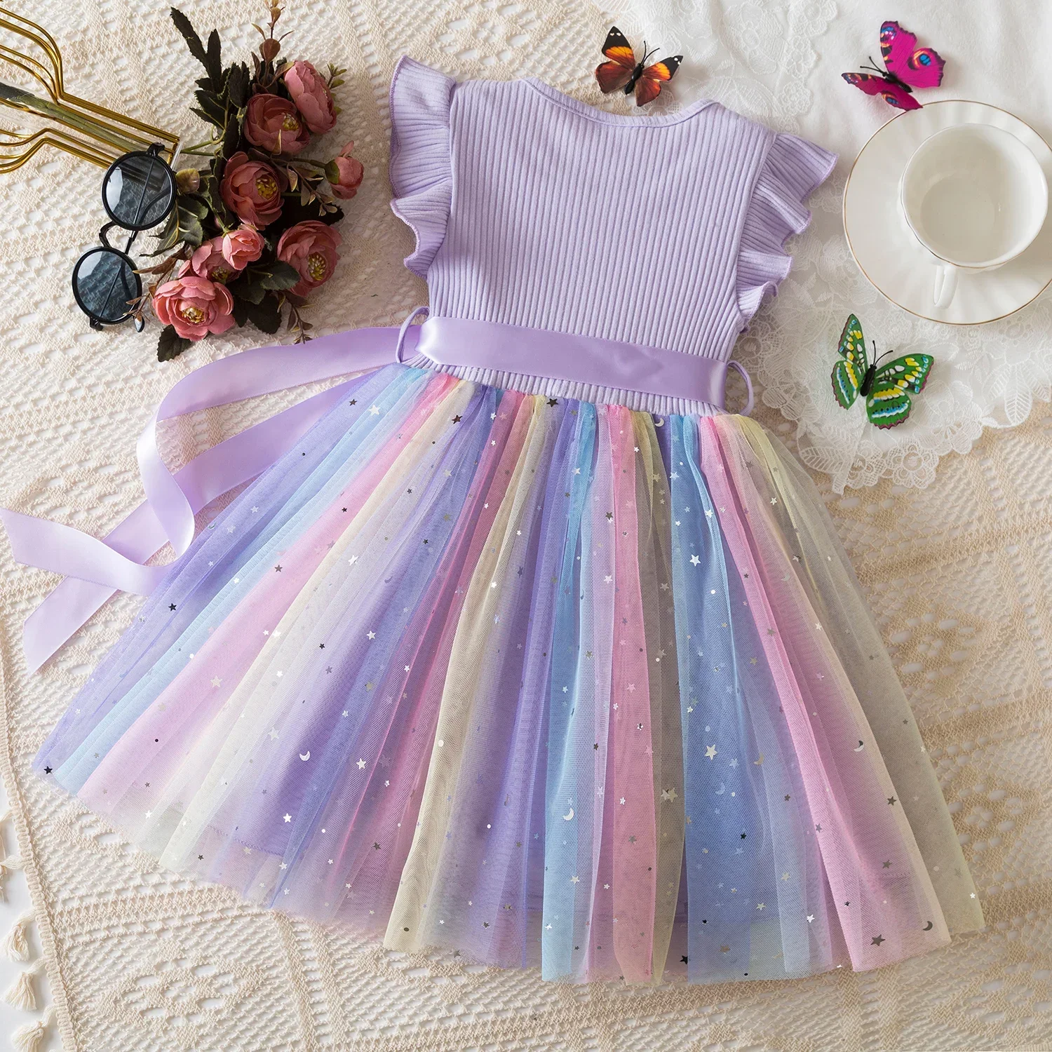 New Girls Dress for Sequins Birthday 1-5Y Toddler Girls Rainbow Tulle Dress Sweet Kids Princess Dress for Girls 2025 Summer Wear image 6