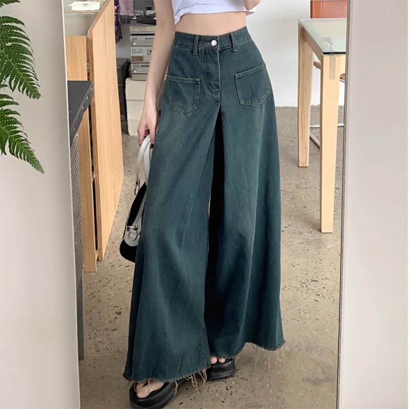 Women's Vintage High-Waisted Jeans with Raw Edges, Loose Wide-Leg Long Jeans, Casual Clothing, Elegant Design, Spring, Summer