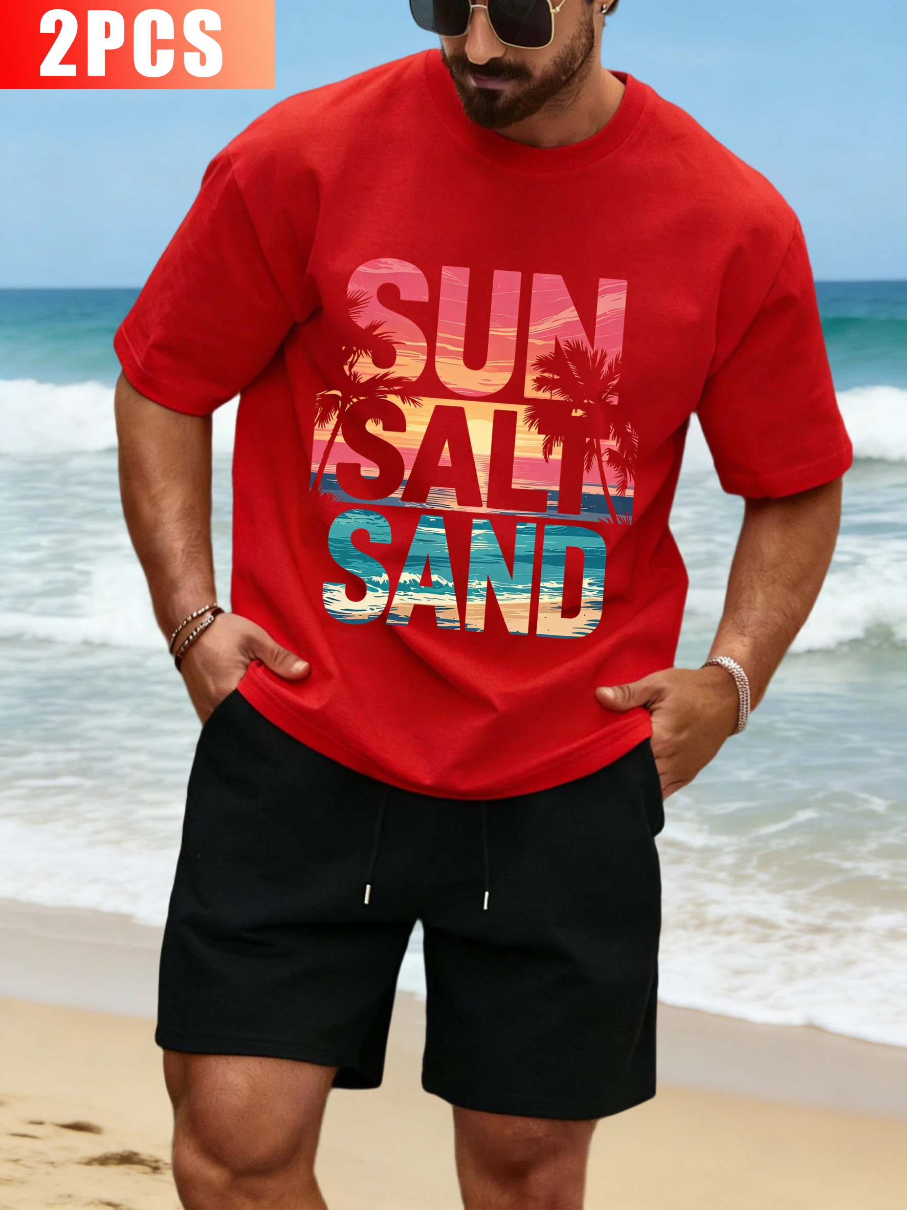 

Sunlight Salt Sand Coconut Tree Print Men T Shirt Set Loose Casual Short Sleeve Drawstring Shorts Summer Hip Hop Unisex Clothes