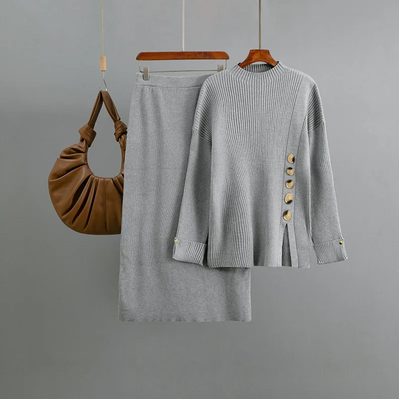 Frauen Zwei Stück Sets Rock Set Rundhals Volle Hülse Gestrickte Tops Lange Röcke EINE Linie Hohe Taille Y2k Streetwear Arbeit Herbst