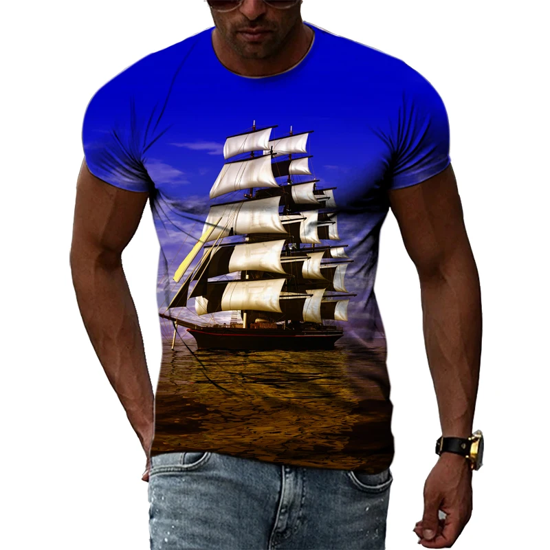 Sommer Segelboot Auf Dem Meer grafik t shirts Männer Mode Lässig Persönlichkeit 3D Gedruckt Rundhals Kurzarm Streetwear T-shirts Tops