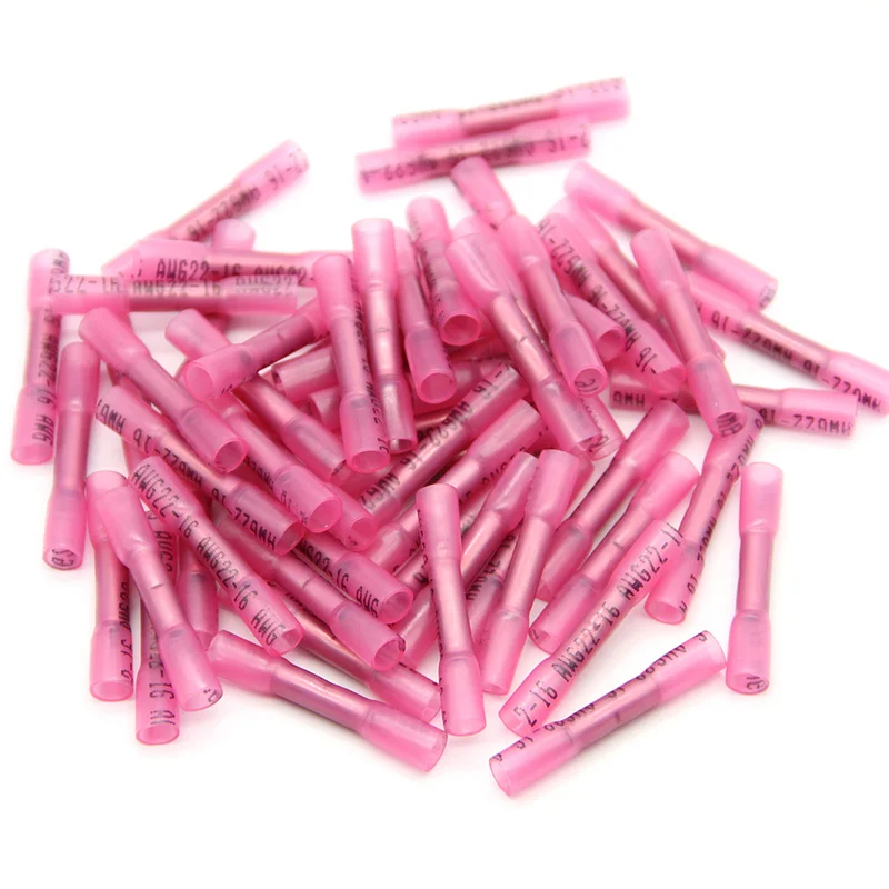 100/200/500/1000PCS Heat Shrink Butt Wire Connectors 22-16 AWG Red Waterproof Insulated Automobile Wire Cable Crimp Terminals