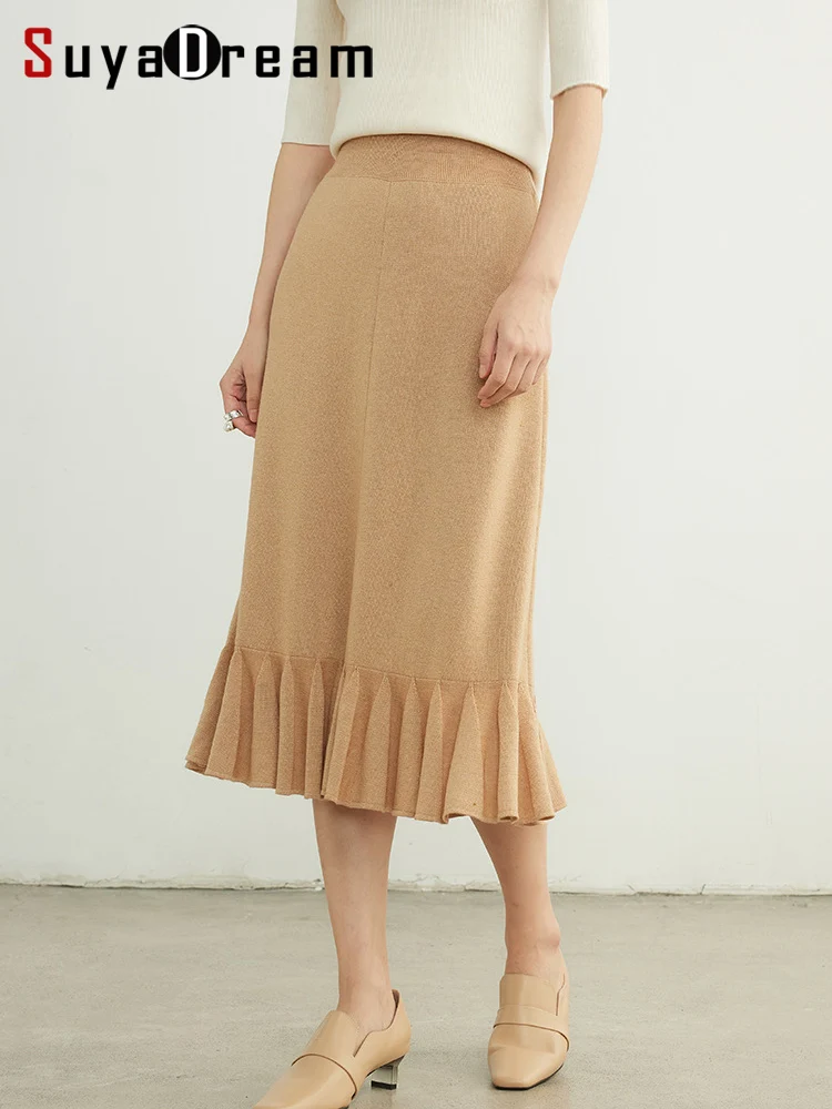 

SuyaDream, Women Long Skirt, 32.4%Sheep Wool, Solid Woolen Knitted Skirts, Ruffles Hems, 2025 Autumn Winter Warm Under Dress