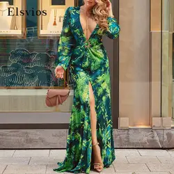 Vintage Floral Print Long Dress Autumn Single-Breasted Long-Sleeved Elegant Dress 2024 Ethnic Style Slim-Fit High-Split Dress