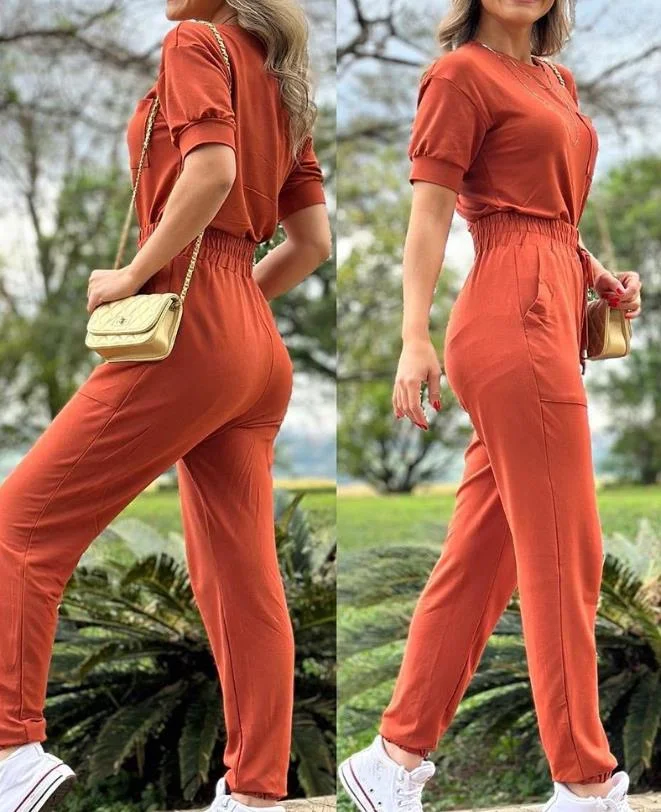 Two Piece Set for women 2023 New Summer Pocket Design Round Neck Short Sleeve Top & Drawstring Pocket Casual Pants Set