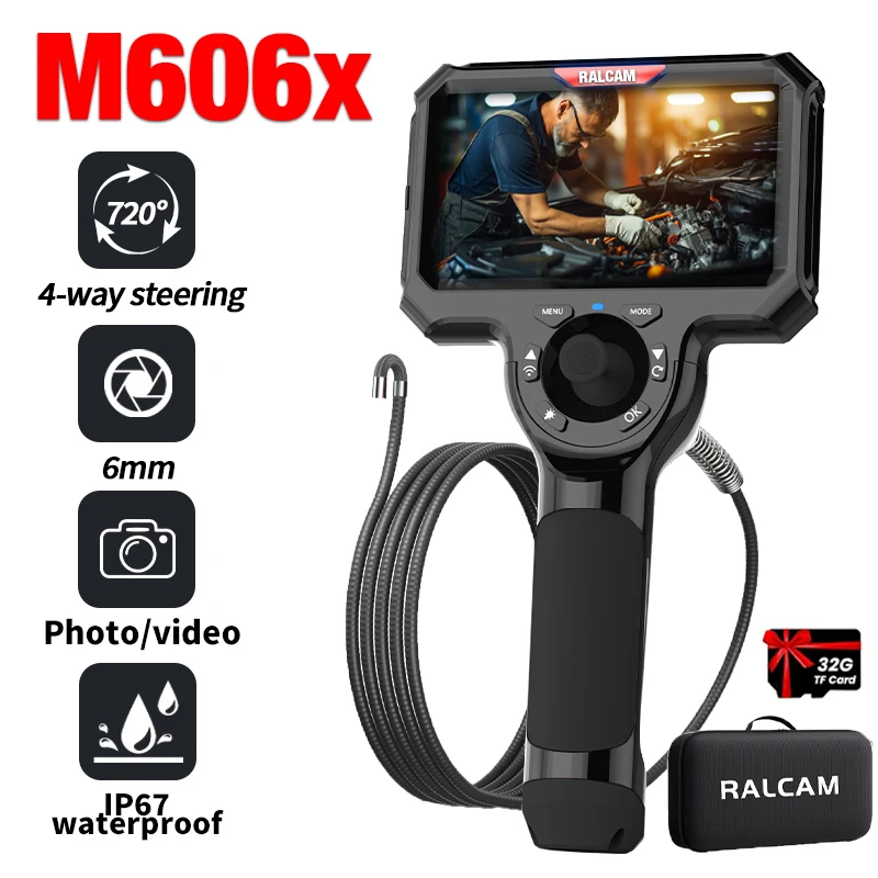 

Ralcam 720р ° Шарнирно-бороскопическая камера с подсветкой, 4-сторонняя эндоскопическая камера с джойстиком, 5-дюймовая водонепроницаемая змея 6,0 мм