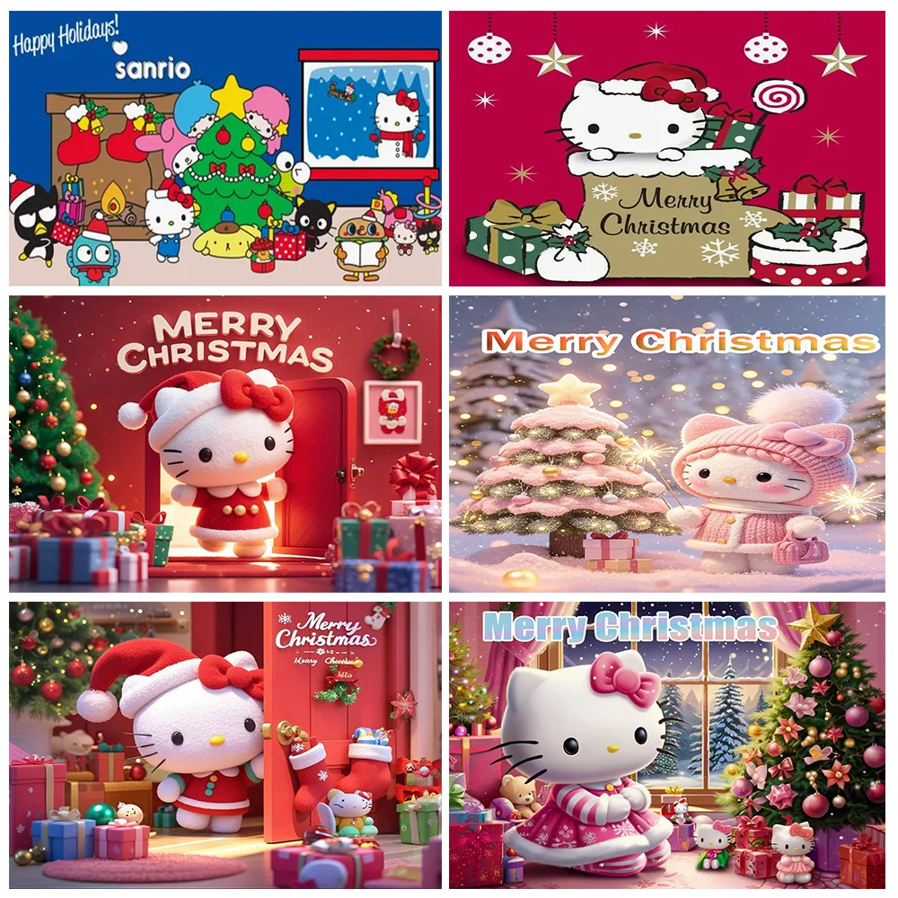 

Cartoon Hello Kitty Theme Merry Christmas Party Decor Background Banner Xmas Tree Photography Backdrop Supplies Photo Shoot Prop