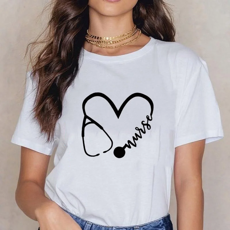 Funny Stethoscope Heart Graphic Tee Women's Personalized Creative Stethoscope Set Short Sleeve Shirt