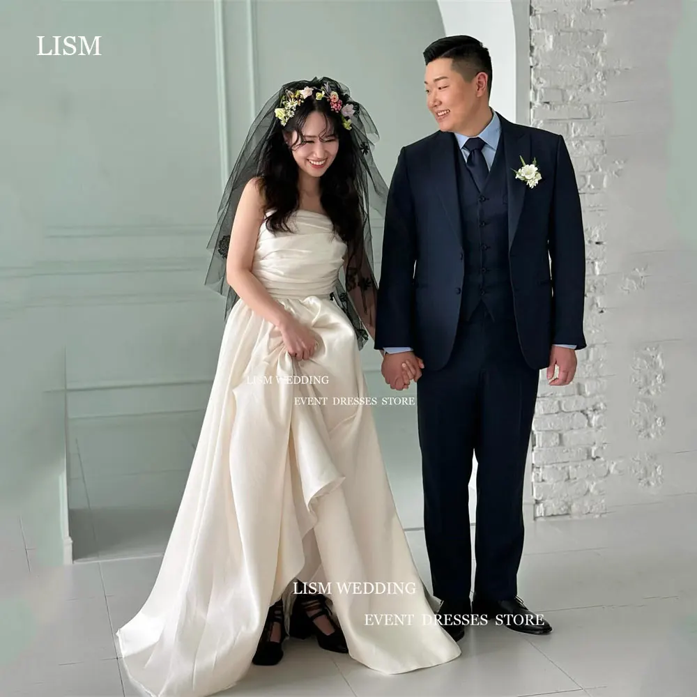 

LISM Simple Strapless A Line Korea Wedding Dress Photo Shoot Satin Pleats Floor Length Bridal Gown With Veil Custom Made