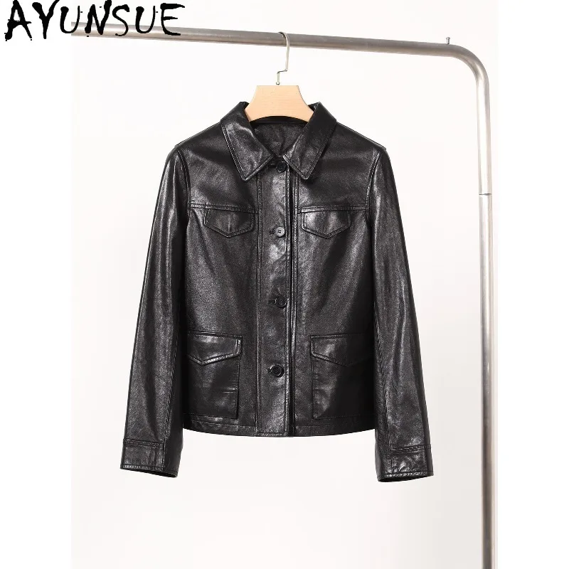 AYUNSUE Real Leather Black Jacket Woman Autumn Long Sleeve Tops Woman Luxury Commute Outerwear Leather Jackets for Woman 2026 코트
