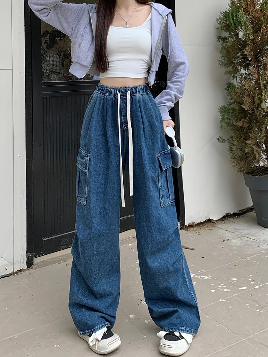 Women's Vintage 90S Spicy Girl Y2K Elastic Elastic Waist Denim Workwear Pants High Street Casual Loose Straight Tube Floor Tower