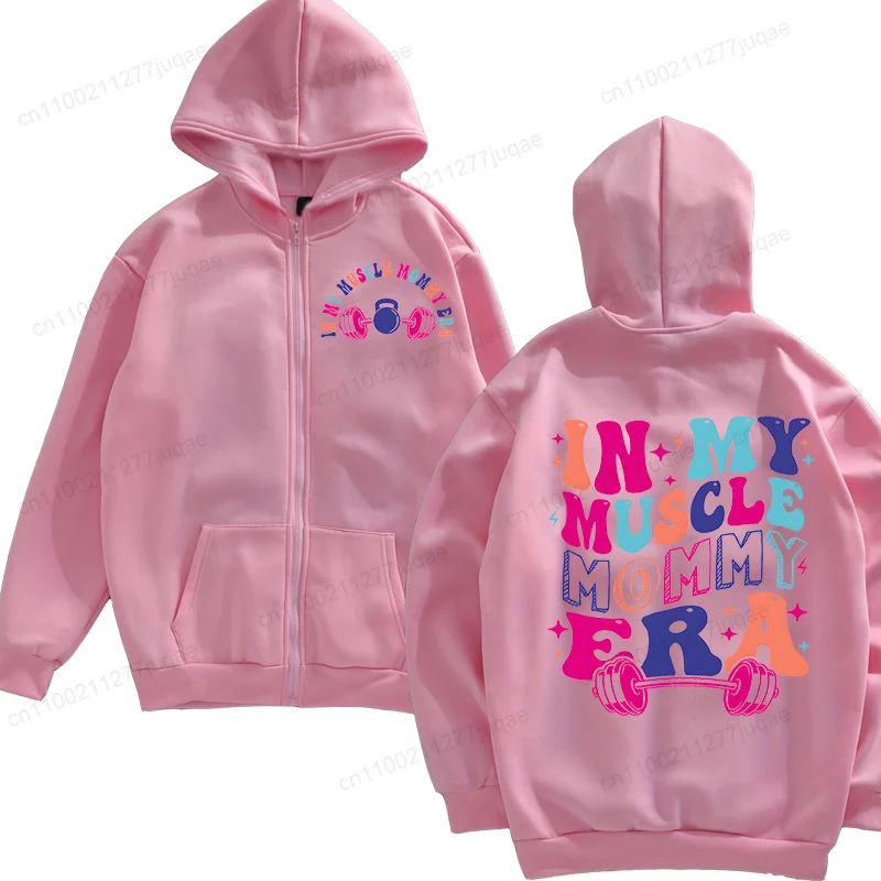 

In My Muscle Mommy Era Printed Zip Up Hoody Women Hip Hop Street Hoodies Fitness Trendy Pocket Clothes Vintage Zipper Hoodies